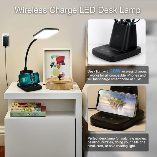 LED Desk Lamp With Wireless Charger Black For Home Office
