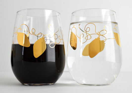 Metallic Gold Retro Christmas Lights Stemless Wine Glasses - Set of 2
