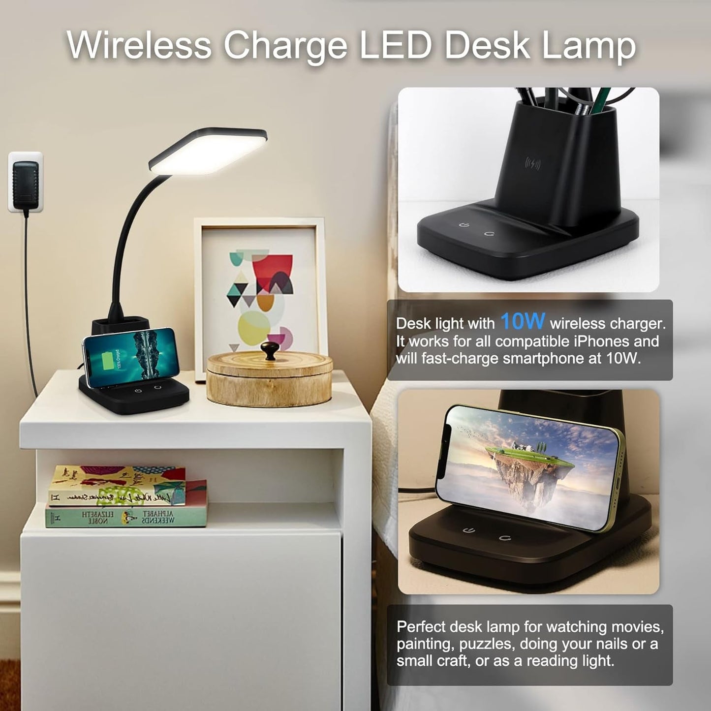LED Desk Lamp With Wireless Charger Black For Home Office