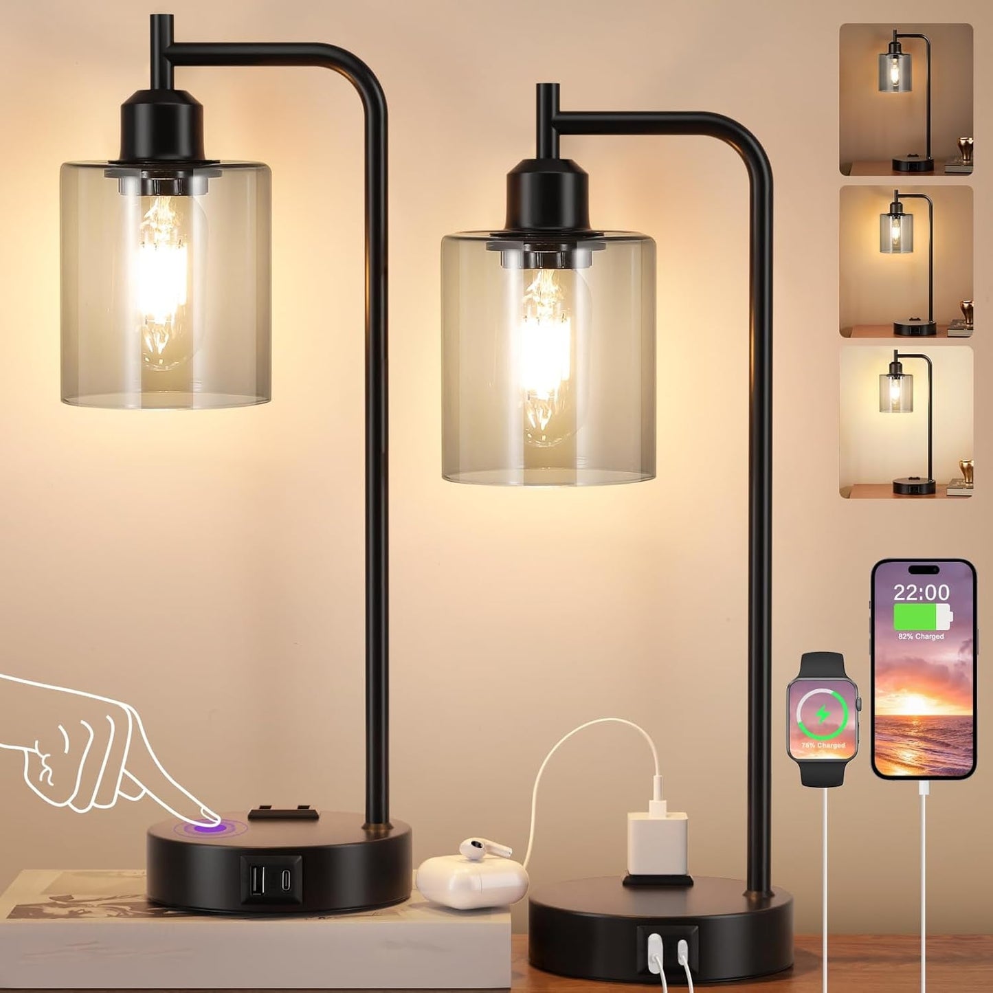 3-Way Dimmable USB Table Lamps With Gray Glass Shade Pair