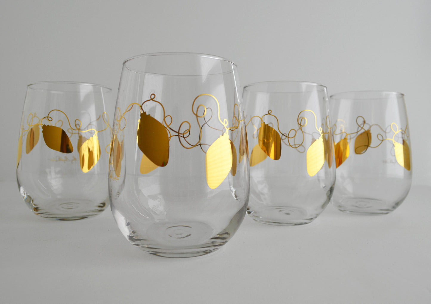 Metallic Gold Retro Christmas Lights Stemless Wine Glasses - Set of 2