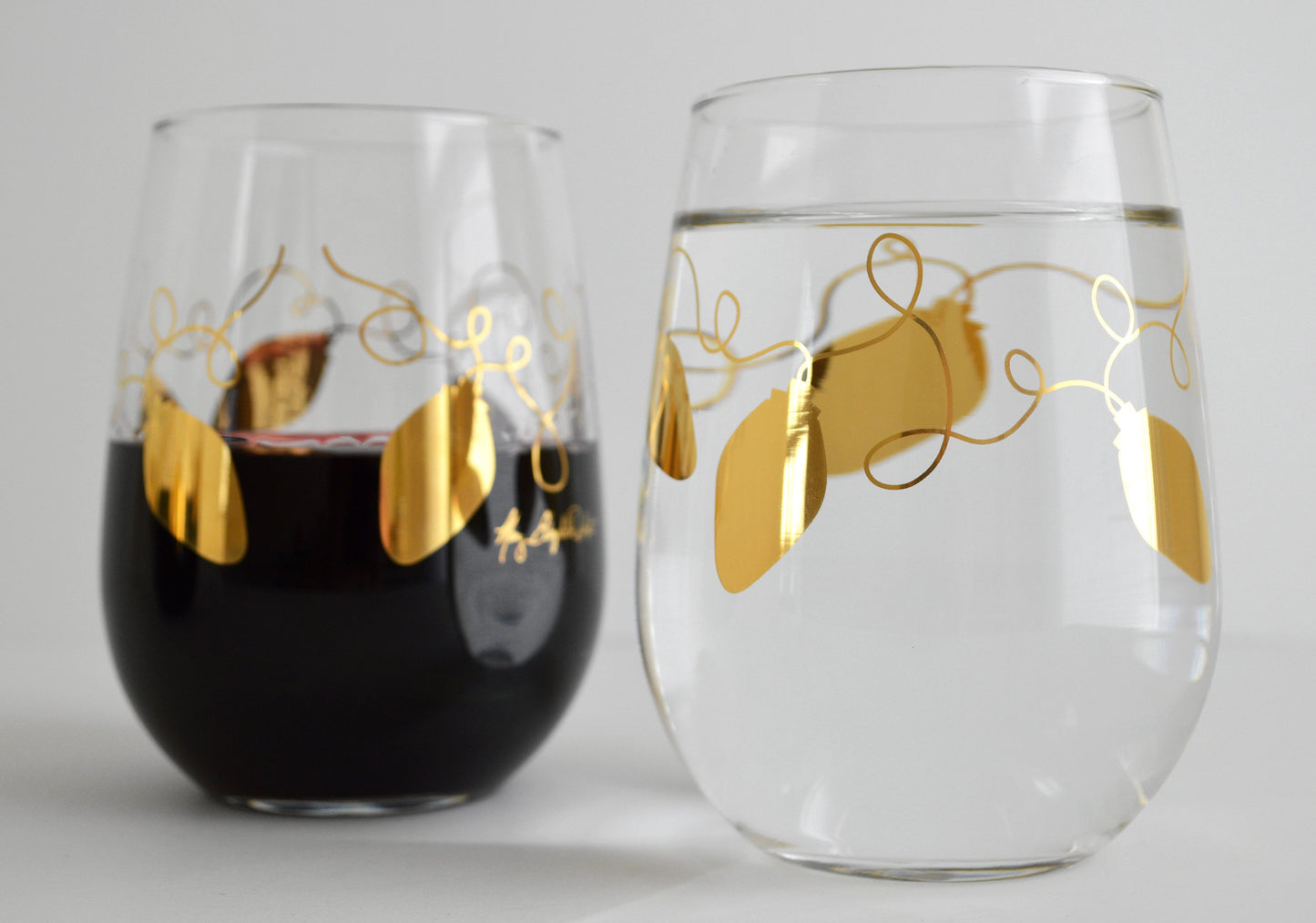 Metallic Gold Retro Christmas Lights Stemless Wine Glasses - Set of 2