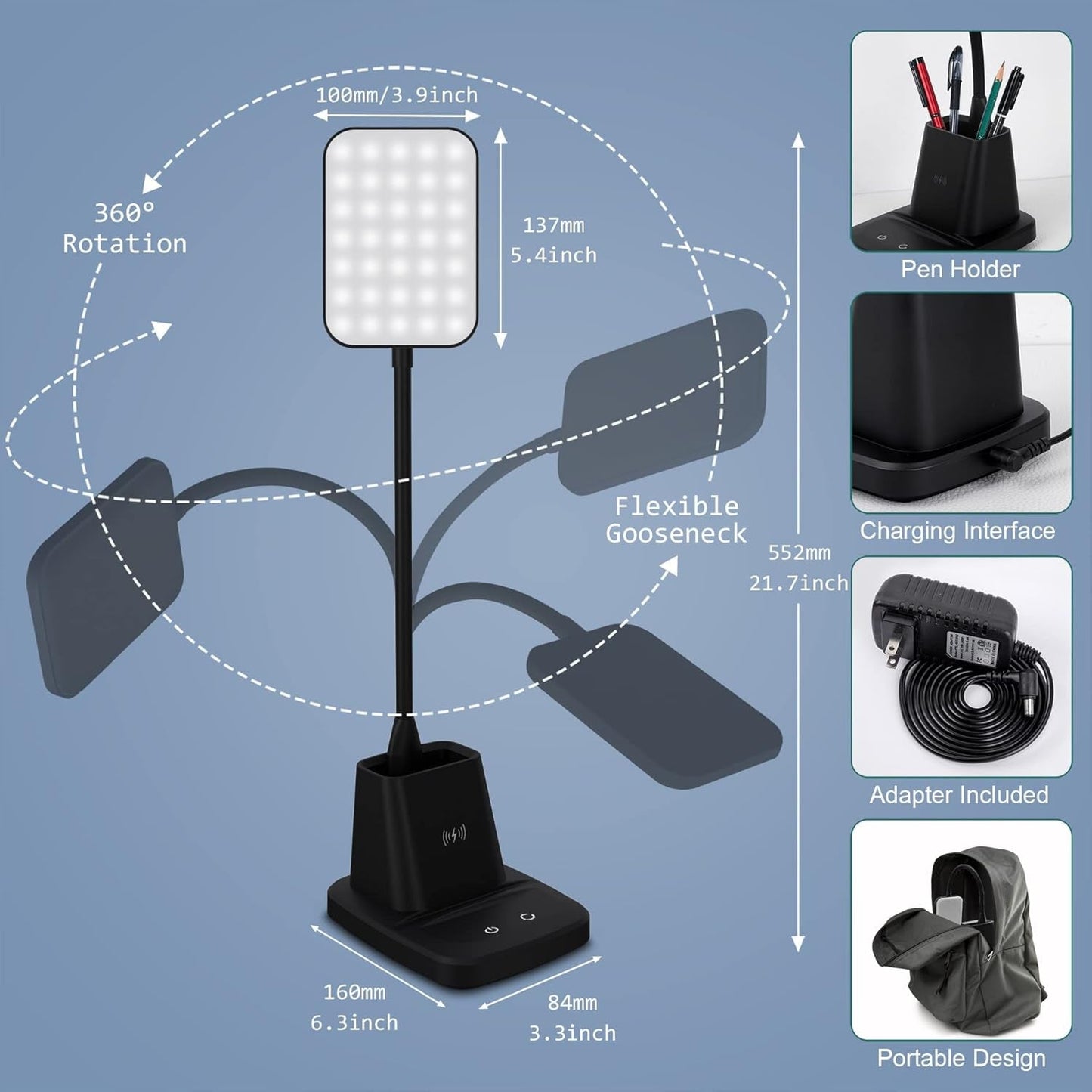 LED Desk Lamp With Wireless Charger Black For Home Office