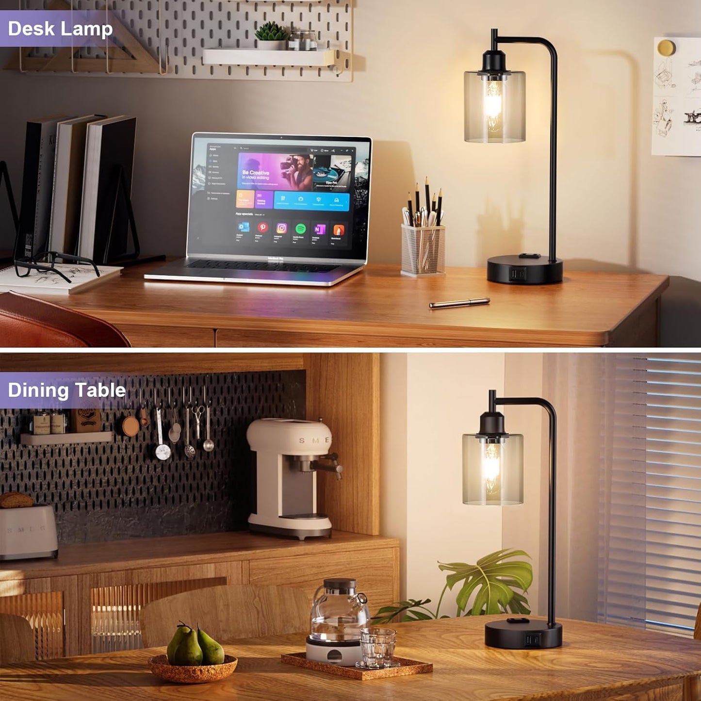 3-Way Dimmable USB Table Lamps With Gray Glass Shade Pair