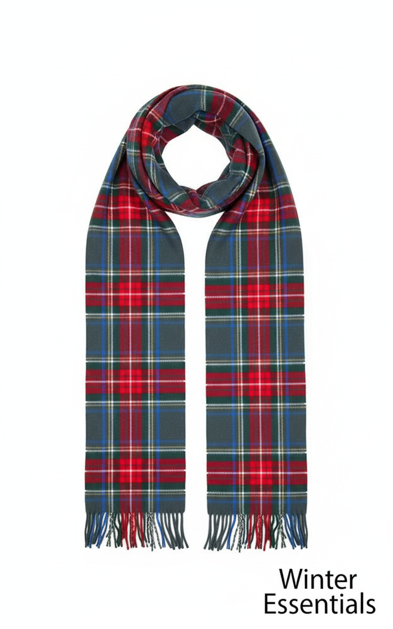 Cashmere Feel Plaid Scarf - Grey & Red Tartan with Tassel Fringe -